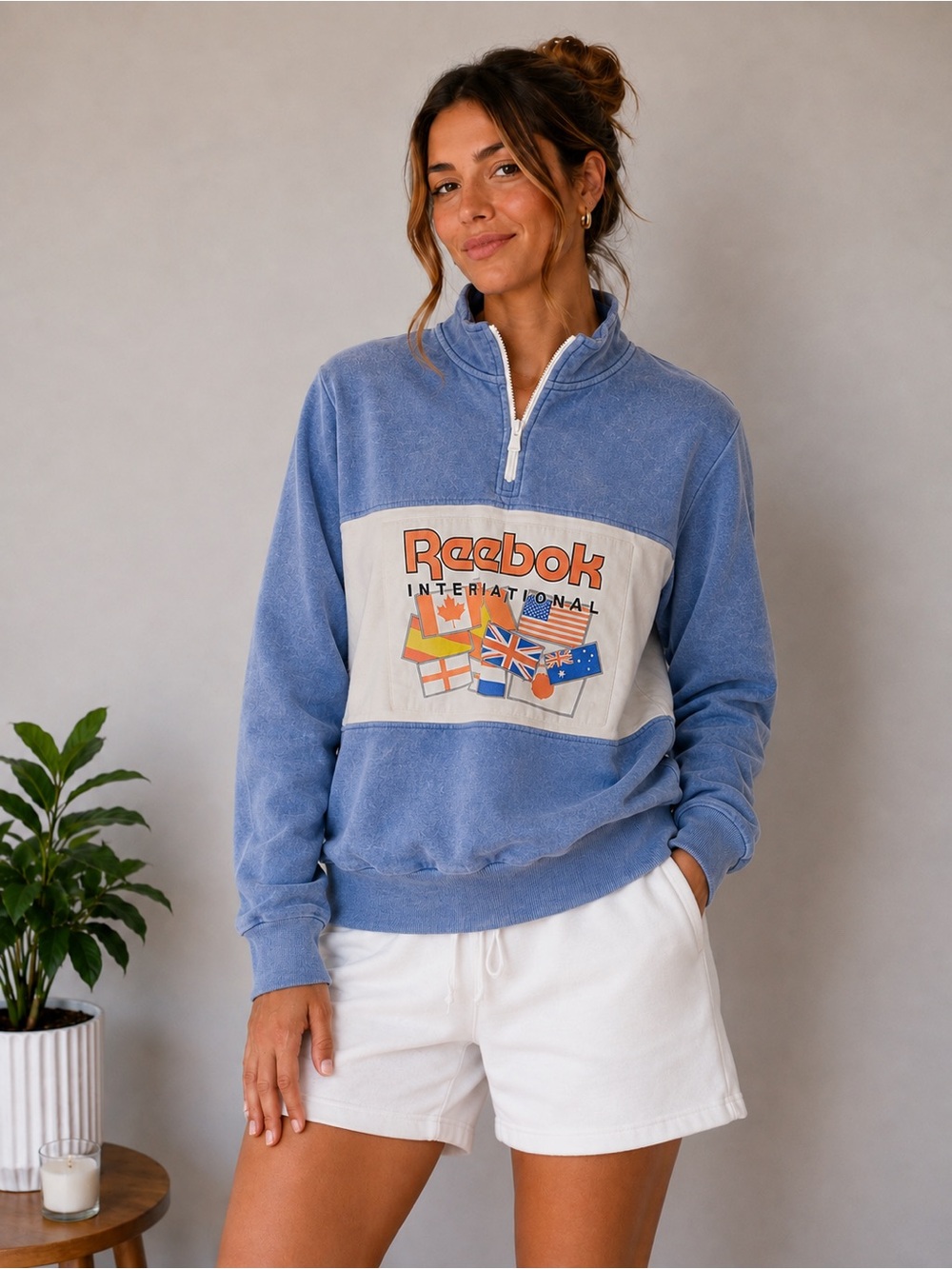 Vintage Reebok International Flag Quarter-Zip Pullover Sweatshirt Size M Unisex